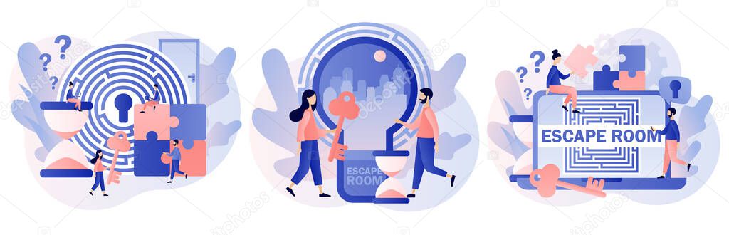 Escape room. Quest room. Tiny people trying to solve puzzles, find key, gettout of trap, finding conundrum solution. Exit maze. Modern flat cartoon style. Vector illustration on white background
