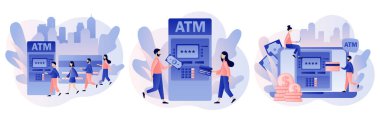 ATM kavramı. ATM 'nin yanında elinde kredi kartı ve parayla bekleyen küçük insanlar. Banka terminali. Çevrimiçi ödeme. Modern düz çizgi film tarzı. Beyaz arkaplanda vektör illüstrasyonu
