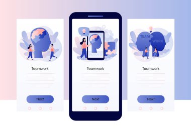 İnsan kafası bulmacası. Akıl sağlığı. Karşılıklı anlayış. Bilgi, psikoloji, hafıza, mantık. İş, takım çalışması konsepti. Mobil, akıllı telefon uygulaması için ekran şablonu. Modern düz çizgi film tarzı. Vektör