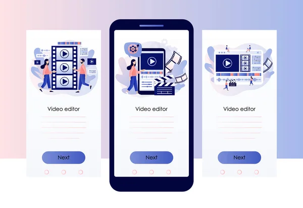 비디오 편집기. 작은 사람들 이 멀티미디어 콘텐츠 제작 과 영상 편집을 합니다. 비디오 메이커 온라인 강좌. 모바일 용 스크린 템플릿, 스마트폰 앱 . 모던 플랫 만화 스타일. 벡터 일러스트 — 스톡 벡터