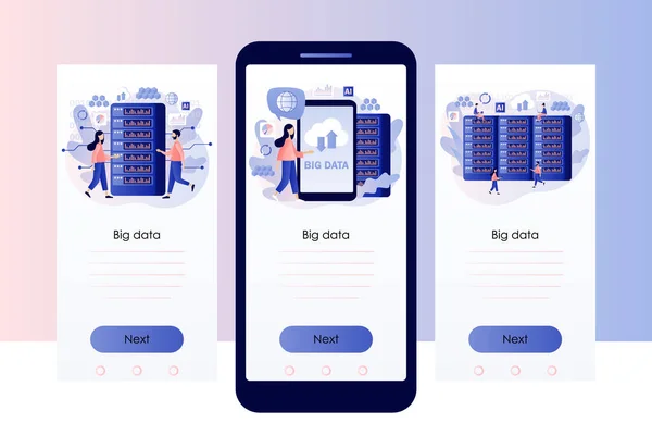 Concetto di big data. Analisi dei dati. Piccole persone ingegneri dei dati. Scienza dei dati e lavoro. Carriera di sviluppatore. Modello di schermo per cellulare, app per smartphone. Moderno stile fumetto piatto. Illustrazione vettoriale — Vettoriale Stock