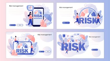 Risk yönetimi. Risk değerlendirmesi. Risk seviyesi düğmesi. İş konsepti. Küçük insanlar riski değerlendirir. İniş sayfası, şablon, ui, web, mobil uygulama, poster, afiş, el ilanı için ekran şablonu. Vektör