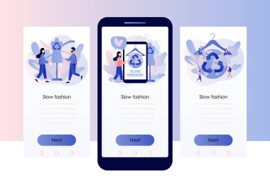 Yavaş moda konsepti. Etik kumaş. Sürdürülebilir moda. Tekrar kullan, azalt, geri dönüştür. Çevre dostu imalat. Cep telefonu için ekran şablonu, akıllı telefon uygulaması. Modern düz çizgi film tarzı. Vektör illüstrasyonu