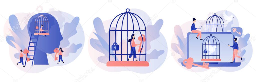 Freedom concept. Mind prison psychological. Inner prison. Tiny people step out of cage. omfort zone metaphor. Personal development. Modern flat cartoon style. Vector illustration on white background