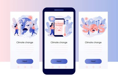 İklim değişikliği. Küresel ısınma kavramı. Yardım. Dünya 'yı kurtarmaya çalışan küçük insanlar. Ekoloji tehlikeleri, hava kirliliği. Mobil, akıllı telefon uygulaması için ekran şablonu. Modern düz çizgi film tarzı. Vektör