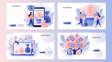 Yatırım ve iş konsepti. Yatırımcı stratejisi. Gelir ve gelir metaforu olarak para ağacı. Küçük insanlar finansal sermaye geliştirir. Modern düz çizgi film tarzı. Beyaz arkaplanda vektör illüstrasyonu
