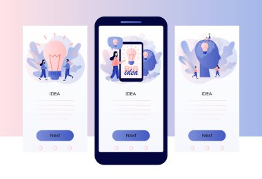 Harika bir fikir. Yenilikçi lamba. Ampul. Küçük insanlar yeni iş fikirleri geliştiriyor. Düşünüyorum ve beyin fırtınası yapıyorum. Mobil, akıllı telefon uygulaması için ekran şablonu. Modern düz çizgi film tarzı. Vektör