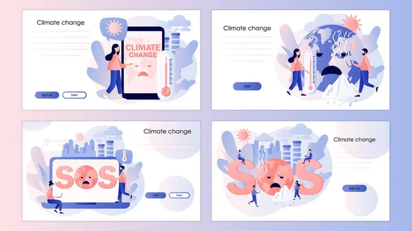 Cambio climático. Concepto de calentamiento global. SOS. Gente pequeña tratando de salvar el planeta Tierra. Peligros ecológicos. Plantilla de pantalla para landing page, plantilla, ui, web, aplicación móvil, póster, banner, volante. Vector — Archivo Imágenes Vectoriales