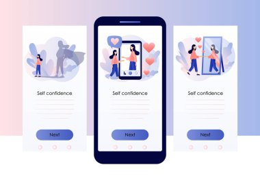 Kendine güven. Kişisel imaj. Süper kahraman olarak kendine güvenen güçlü bir kadın. Kendini sev. Kişisel gelişim. Motivasyon. Mobil, akıllı telefon uygulaması için ekran şablonu. Modern düz çizgi film tarzı. Vektör illüstrasyonu