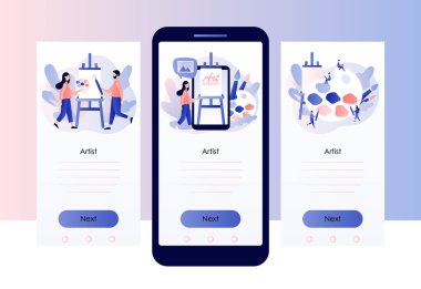 Sanatçı. Sanat okulu ya da stüdyo. Şövalede tuvali olan küçük sanatçılar, büyük paletler ve brushe. Sanat atölyesi. Mobil, akıllı telefon uygulaması için ekran şablonu. Modern düz çizgi film tarzı. Vektör illüstrasyonu