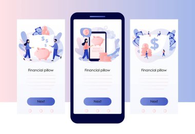 Para yastığı. Kişisel finans, para tasarrufu, acil durum destek fonu, kişisel sermaye, sigorta. Mobil, akıllı telefon uygulaması için ekran şablonu. Modern düz çizgi film tarzı. Vektör illüstrasyonu