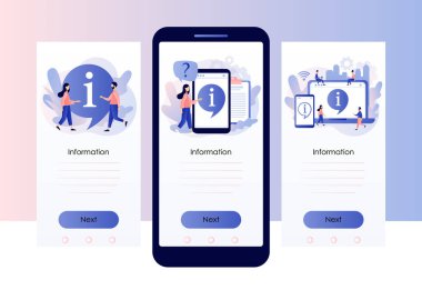 Bilgi sembolü. Bilgi Merkezi çevrimiçi. Müşteri desteği, yararlı bilgiler, rehberler, sıklıkla sorulan sorular. Mobil, akıllı telefon uygulaması için ekran şablonu. Modern düz çizgi film tarzı. Vektör