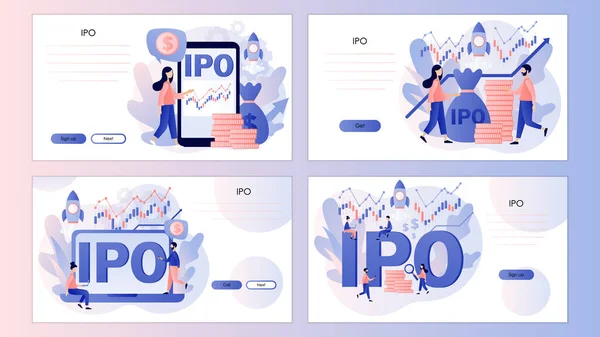 Concepto IPO. Oferta pública inicial. Las cuotas bursátiles más bajas del inversor. Crecimiento de la compañía. Ingresos pasivos. Plantilla de pantalla para landing page, plantilla, ui, web, aplicación móvil, póster, banner, volante. Vector — Vector de stock