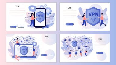 VPN servis konsepti. Sanal Özel Ağ. Siber güvenlik, güvenli ağ trafiği, veri koruması. İniş sayfası, şablon, ui, web, mobil uygulama, poster, pankart, broşür taşıyıcı