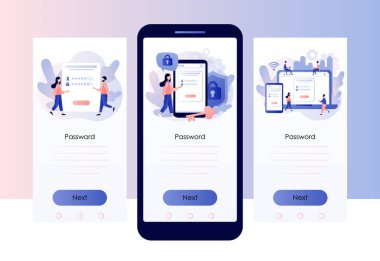 Hesap girişi ve parola. Siber güvenlik, veri koruması, online kayıt, gizlilik konsepti. Mobil, akıllı telefon uygulaması için ekran şablonu. Modern düz çizgi film tarzı. Vektör illüstrasyonu