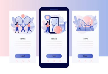 Tenis kortu, tenis raketi ve toplar. Spor kulübü, grup aktivitesi, eğitim. Şampiyonluk ve turnuva. Mobil, akıllı telefon uygulaması için ekran şablonu. Modern düz çizgi film tarzı. Vektör illüstrasyonu