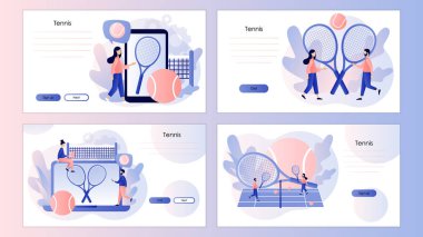 Tenis kortu, tenis raketi ve toplar. Spor kulübü, grup aktivitesi, eğitim. Şampiyonluk, turnuva. İniş sayfası, şablon, ui, web, mobil uygulama, poster broşürü taşıyıcısı