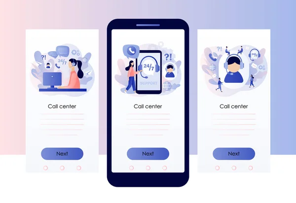 カスタマーサービス コールセンター オンラインサポートの概念 ヘッドセットのホットラインオペレーターはクライアントに相談します モバイル スマートフォンアプリ用の画面テンプレート 現代のフラット漫画スタイル ベクトル — ストックベクタ