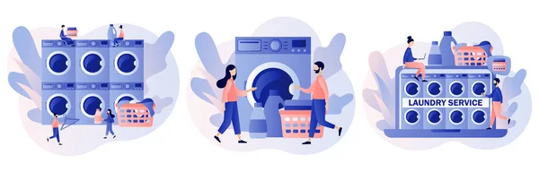 Çamaşır Servisi Çamaşır Makinesindeki Küçük Insanlar Çamaşırhane Aletleri Temizlik Konsepti — Stok Vektör