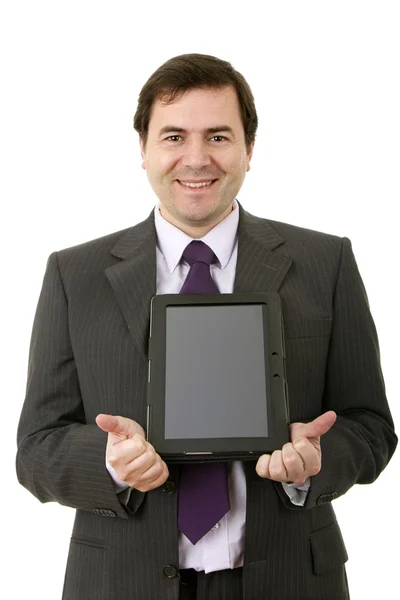 Jeune homme d'affaires utilisant ipad tout en restant debout fond blanc — Photo