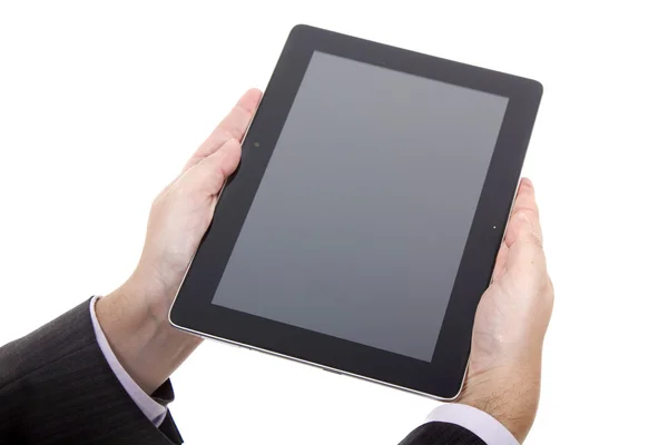 Businessman using touch pad, close up shot, isolated — Stock Photo, Image