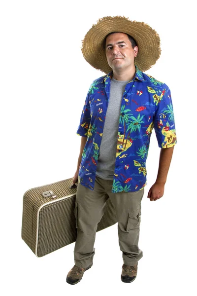 Young silly man traveler, full body on white background — Stock Photo, Image