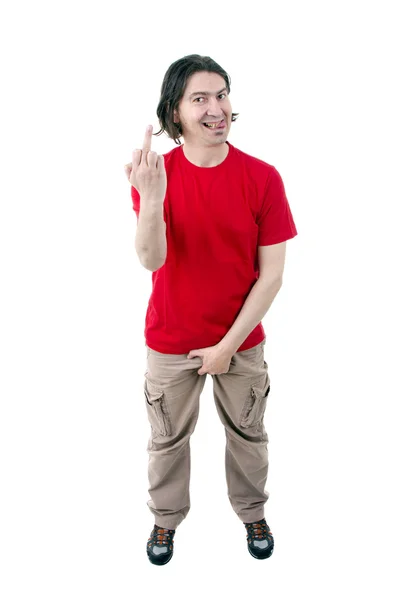 Homem dando dedo médio isolado no fundo branco — Fotografia de Stock