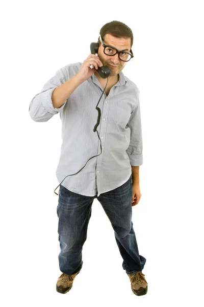 Joven con teléfono y gafas, aislado en blanco — Foto de Stock