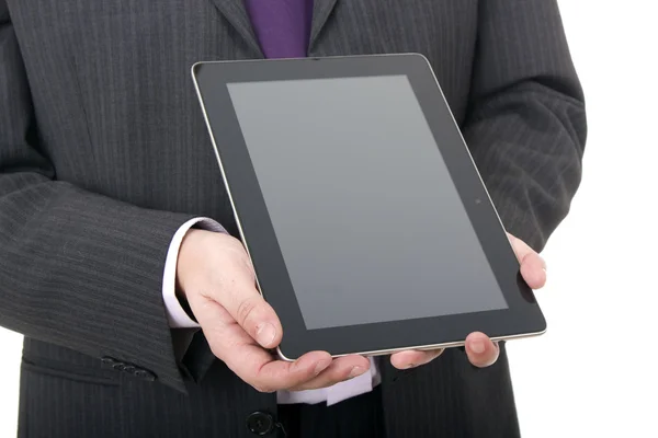 Businessman using touch pad, close up shot, isolated — Stock Photo, Image