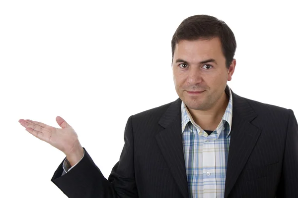 Businessman smiling doing the ok sign over a white background — Stock Photo, Image