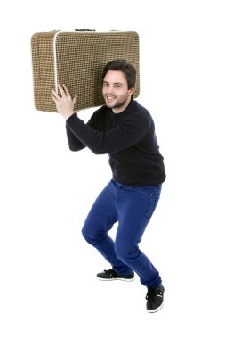 aptal genç adam traveler, beyaz zemin üzerine tam vücut