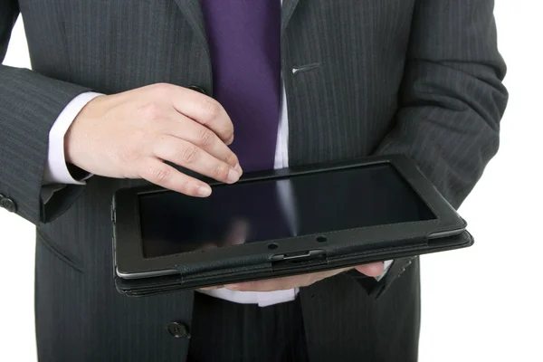 Businessman using touch pad, close up shot, isolated — Stock Photo, Image