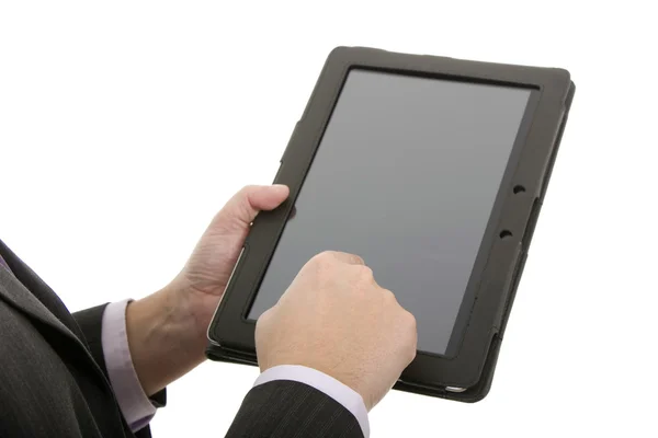 Dokunmatik yüzey, tablet PC'de bir wh üzerinde atış yakından kullanarak iş adamı — Stok fotoğraf
