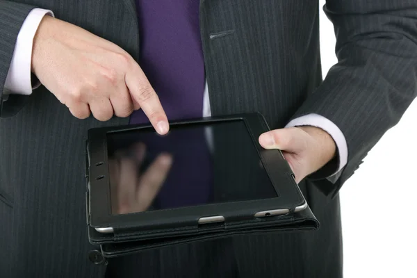 Empresário usando touch pad, close up shot, isolado — Fotografia de Stock