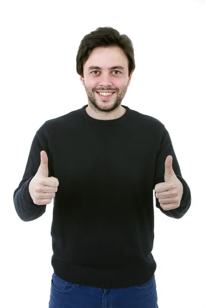 Junger, lässiger Mann macht die OK-Geste auf weißem Hintergrund — Stockfoto