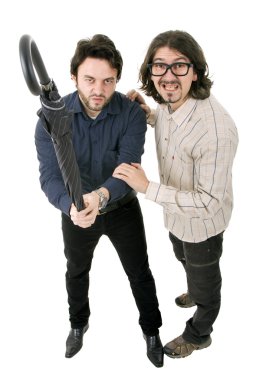 Beyaz arka plan üzerinde izole iki sıradan genç adam portresi