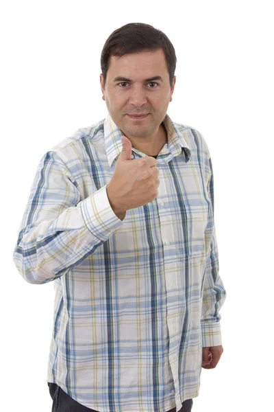 Casual young man going thumb up, isolated on white — Stock Photo, Image