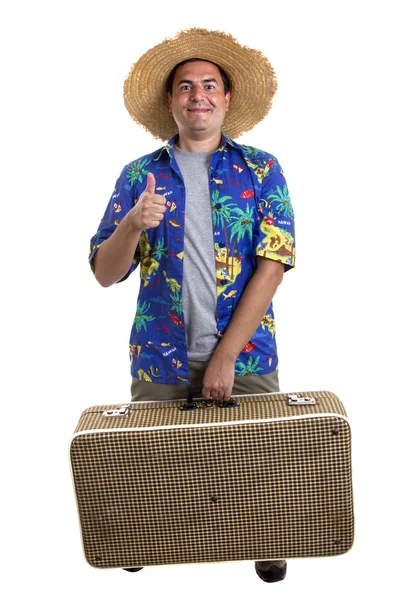 Young silly man traveler, full body on white background — Stock Photo, Image