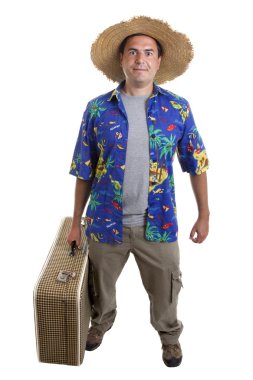 aptal genç adam traveler, beyaz zemin üzerine tam vücut