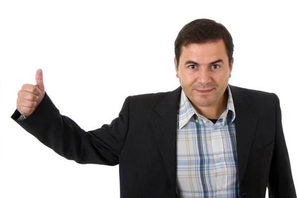 Hombre de negocios sonriendo haciendo el signo de ok sobre un fondo blanco —  Fotos de Stock