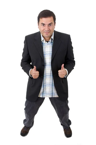 Young business man thumb up, isolated on white — Stock Photo, Image