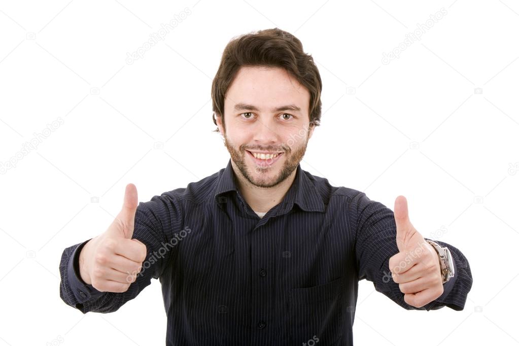 Young casual man going thumb up on a white background