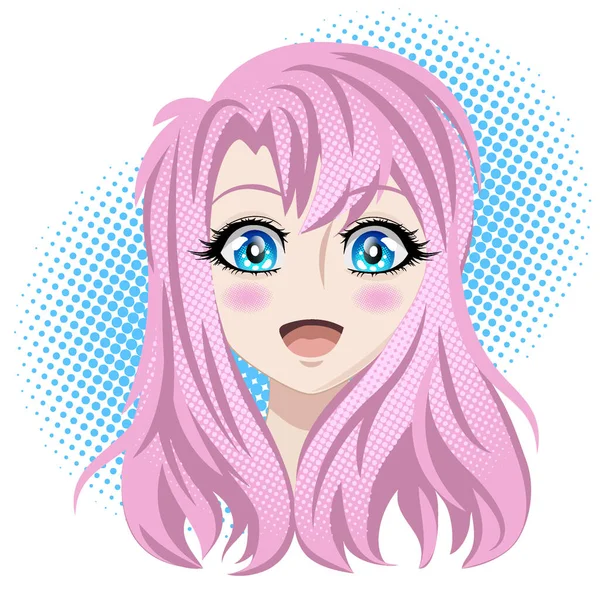 Красивая Девушка Розовыми Волосами Голубыми Глазами Веселый Мультяшный Персонаж Аниме — стоковый вектор