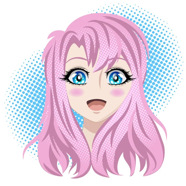 Chica Bonita Con Pelo Rosa Los Ojos Azules Alegre Personaje — Vector de stock