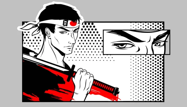 Guerrero, un samurai tiene una katana en su hombro. Arte marcial. Ilustración de estilo manga. — Archivo Imágenes Vectoriales