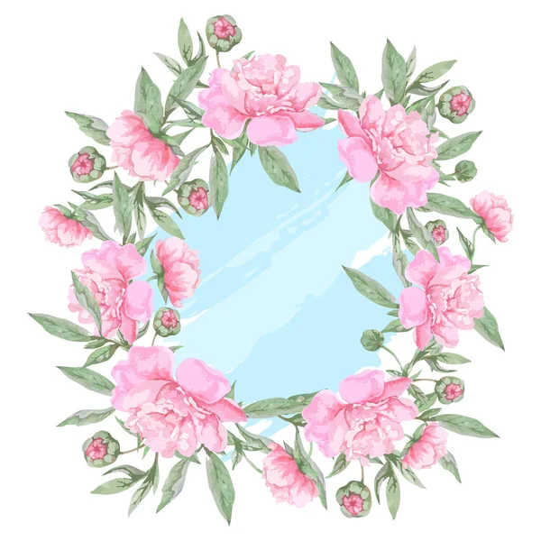 Frame of pink blooming peonies with buds and leaves. — Stock Vector