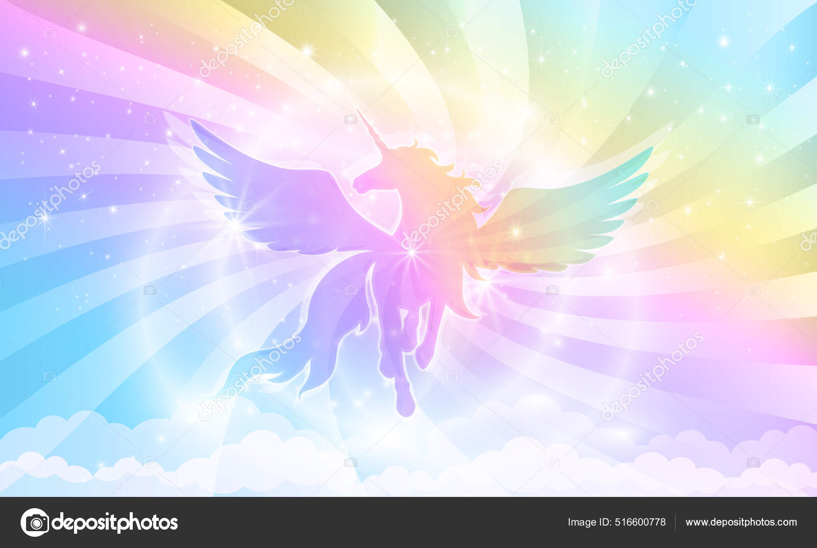 Silhouette Unicorn Wings Background Rainbow Sky Stars Rays Light