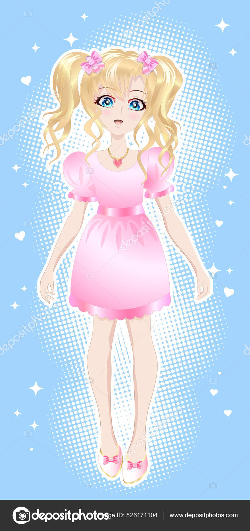 Menina loira, em um vestido rosa no estilo de anime, mangá. Vetor de  ©sontenn 526171104, image size:800x1700