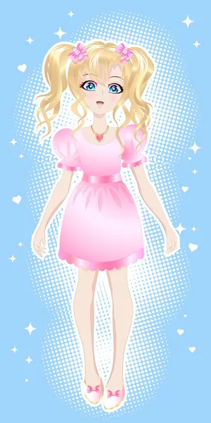 金发姑娘，穿着带有动漫风格的粉色连衣裙，漫画. — 图库矢量图片