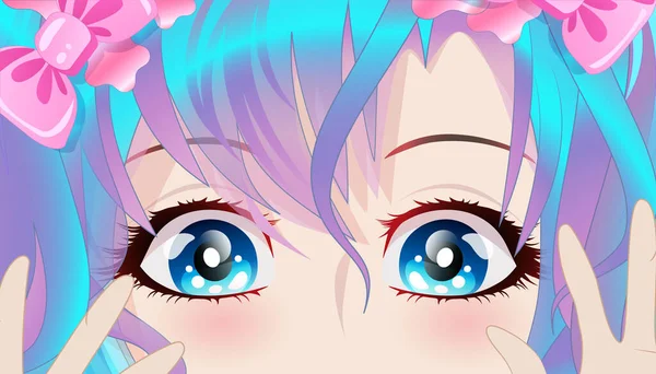 Linda chica con el pelo azul y los ojos azules en estilo anime. — Vector de stock